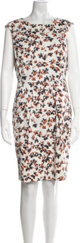 Armani Collezioni Sheath Dress Orange & White Floral Print Pleated Accents Sleeveless with Bateau Neckline Concealed Zip Closure at Back Designer