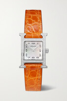 Thumbnail for your product : HERMÈS TIMEPIECES Heure H 17.2mm Very Small Stainless Steel, Alligator, Mother-of-pearl And Diamond Watch - Orange