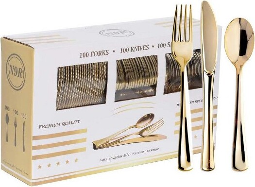 Aoibox300-PieceGoldPlasticCutlerySet,HeavyDutyDisposableFlatwareforParties,Weddings&DailyUse-IncludesForks,Spoons&Knives