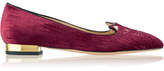 Thumbnail for your product : Charlotte Olympia Mid Century Kitty Embroidered Velvet Slippers - Burgundy