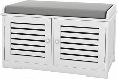 Modern Shoe Storage Bench with Padded Seat and Dual Barn Doors for Entryway Organization and Seating Comfort