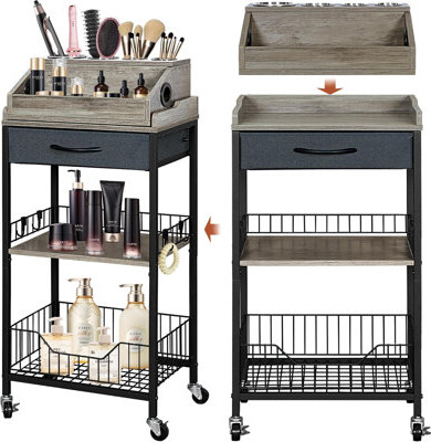 Rebrilliant Large 2-In-1 Makeup Organizer Cart With Wheels Detachable Hair Tool Holder & Drawer Beauty Storage Stand For Cosmetics Skincare Nail Polish And Pe