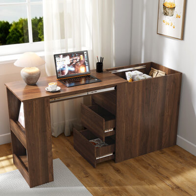 Space-Saving Computer Desk With Drawers, Corner Home Office Storage With Extendable Table, Study Writing Desk Workstation For Home Office, Walnut