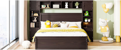 Queen Bed With Solid Wood Stability And Charm - Integrated Cabinet, Shelf Socket Configuration Size Versatile Storage Spaces