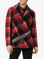 Thumbnail for your product : Dolce & Gabbana double breasted logo tape tartan wool blend pea coat