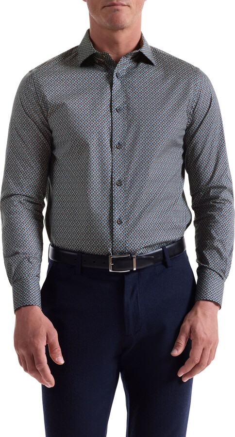 Axel Trim Fit Leaf Print Stretch Cotton Button-Up Shirt