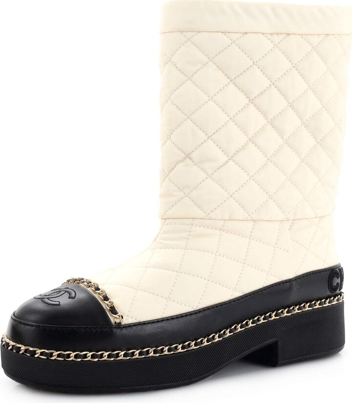 Chanel Boots - Black Leather Fold Over Toe Cap Chain Wedge Shoes