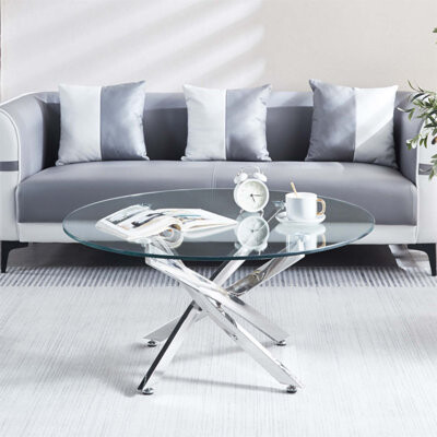 Ivy Bronx Modern Round Tempered Glass Coffee Table with Stylish Stainless Steel Legs Perfect for Contemporary Living Spaces