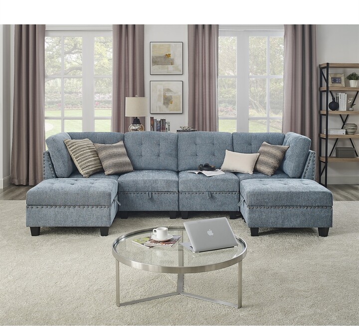 TONWIN Navy Chenille U Shape DIY Modular Sectional Sofa Two Single