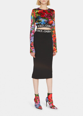 Dolce & Gabbana Floral Long-Sleeve Branded Crop Top