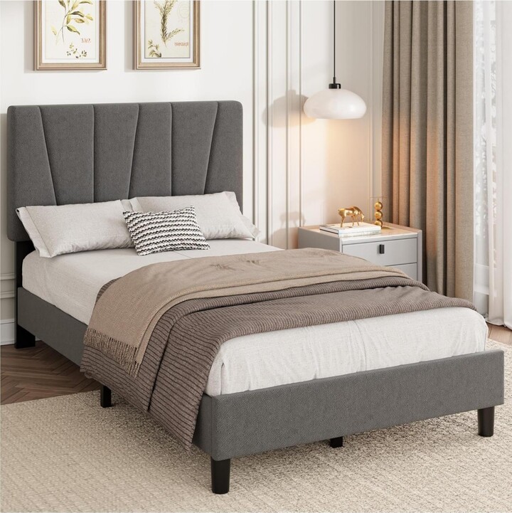 gaomon Twin Platform Bed with Adjustable Headboard Linen Upholstered Frame Wood Slats