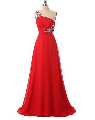 Angela One Shoulder Ombre Long Chiffon Evening Prom Dresses Black Red