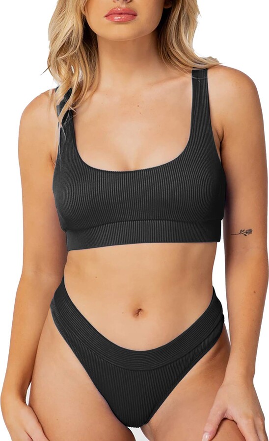 Woherby Women Sports Two Piece Swimsuit Athletic Crop Top High Waisted  Bathing Suits High Cut Thong Ribbed Bikini Set - black - Medium - ShopStyle