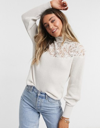 Morgan long-sleeved top with lace detail in white