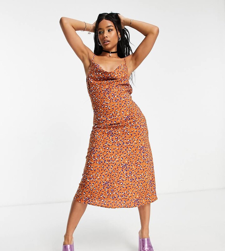 Urban Threads Petite satin cowl neck midi dress in leopard print