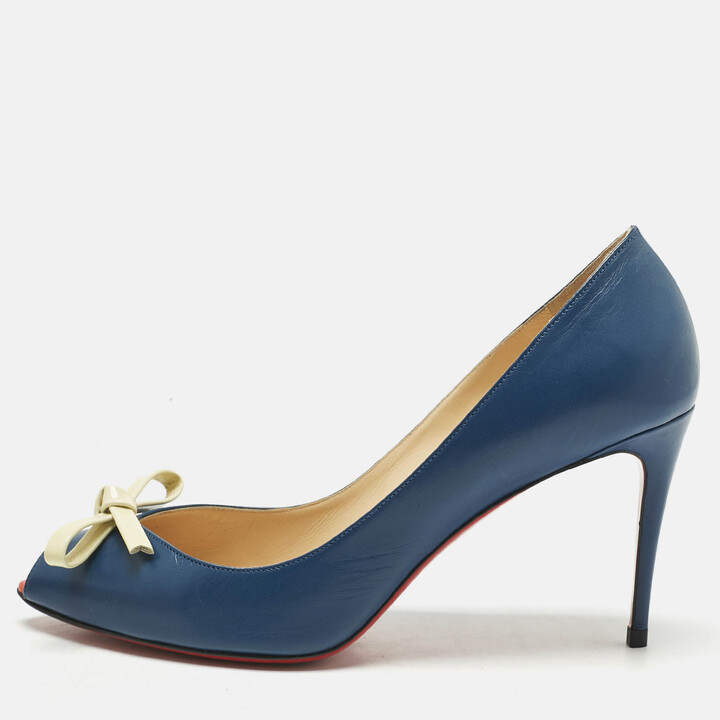 Christian Louboutin Navy Blue/Cream Leather Tibunodo Bow Peep Toe Pumps Size 40