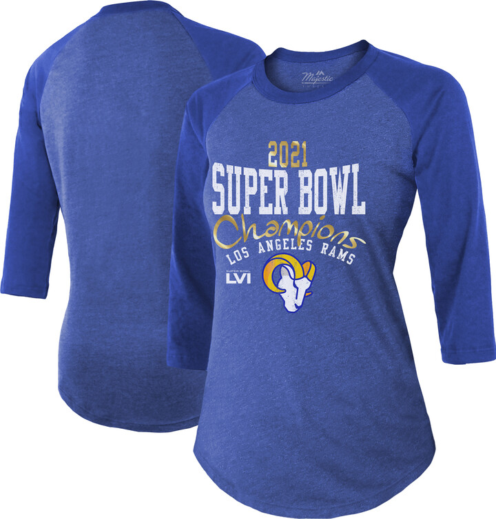 Women's Majestic Threads Heathered Royal Los Angeles Rams Super Bowl LVI Champions Roaring Success Tri-Blend 3/4 Sleeve Raglan T-Shirt
