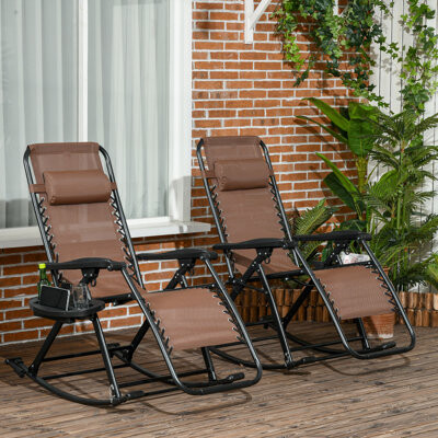 Arlmont & Co. Outsunny Set Of 2 Outdoor Rocking Chairs, Foldable Reclining Zero Gravity Lounge Rocker With Pillow, Cup & Phone Holder, Combo Design With Folding Leg