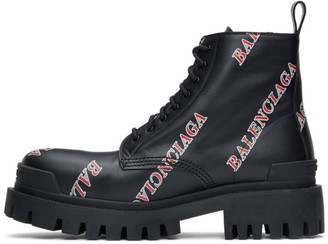 Balenciaga Black and Red Allover Logo Strike Boots