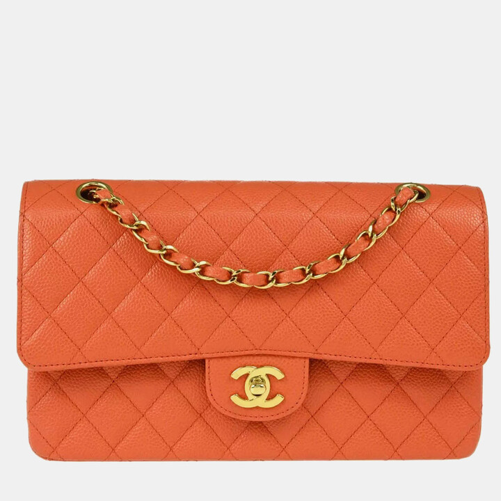 Chanel Orange Caviar Leather Medium Classic Double Flap Shoulder Bag
