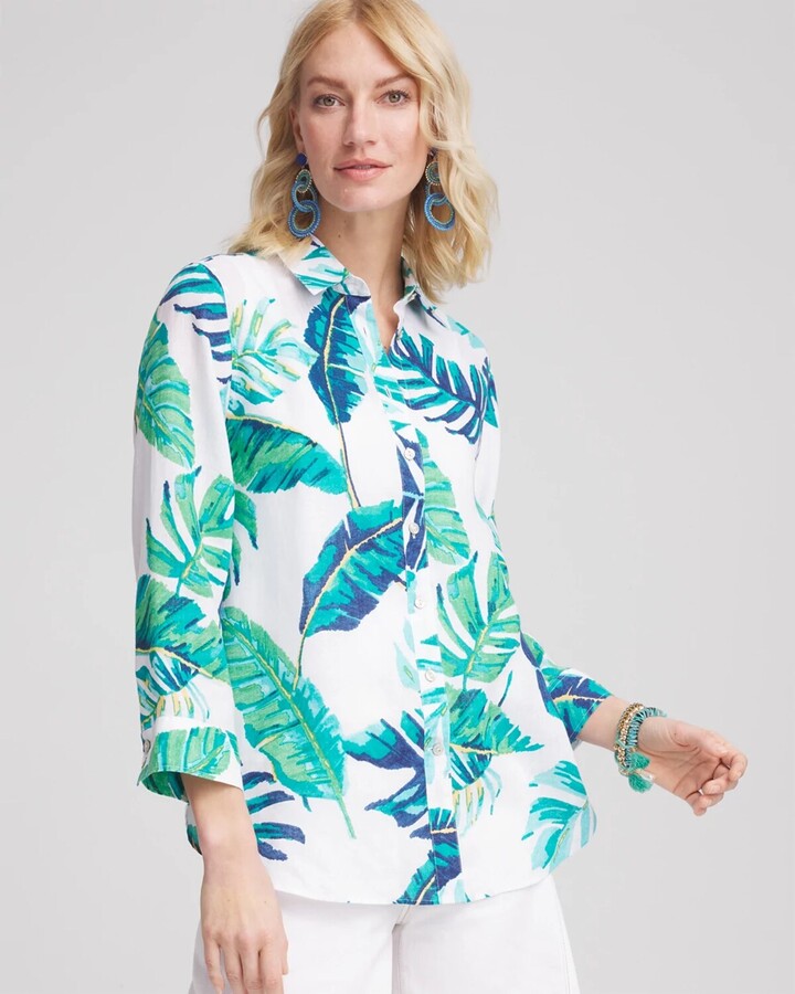 No Iron Palm Print Linen Shirt in Blue