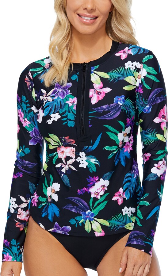 Island Escape Swimwear Women's FloralPrint HalfZip Rash Guard