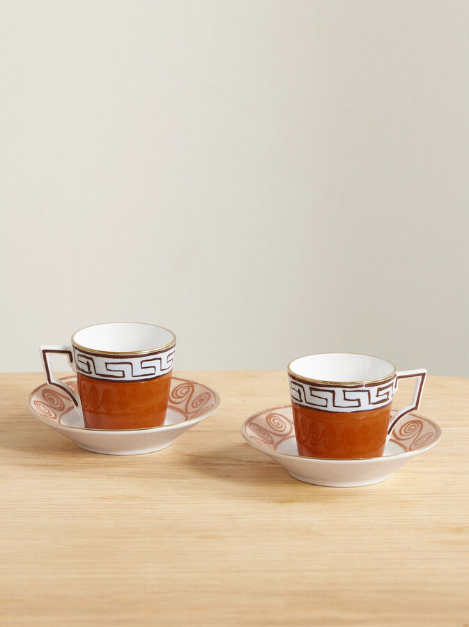 GINORI 1735 + Luke Edward Hall Il Viaggio Di Nettuno Set Of Two Gold-plated Porcelain Coffee Cups And Saucers - Orange