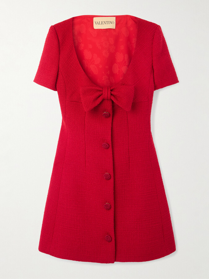 Valentino Garavani Bow-detailed Wool-blend Tweed Mini Dress - Red