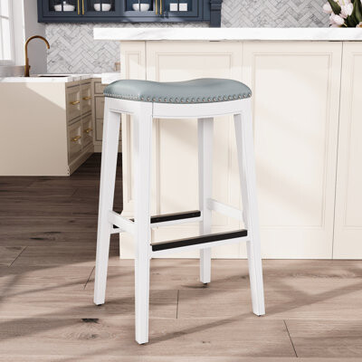 30" Bar Stool With Gray Leather Seat, White Finish, Complements Kitchen Or Decor Stylishly Height Saddle Stool, And Leather, Offers A Stylish Comforta