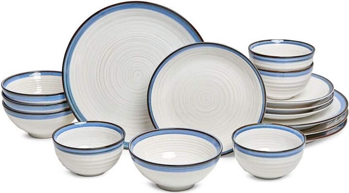 Sango Siterra Santorini 16-Piece Stoneware Dinnerware Set, White/Blue, Service for 4, Microwave and Dishwasher Safe