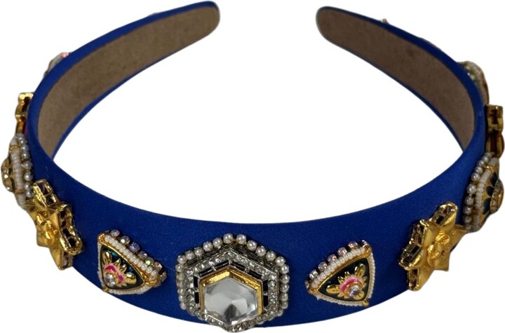 Nesavaali Royal Blue Kundan-Embellished Satin Statement Hairband