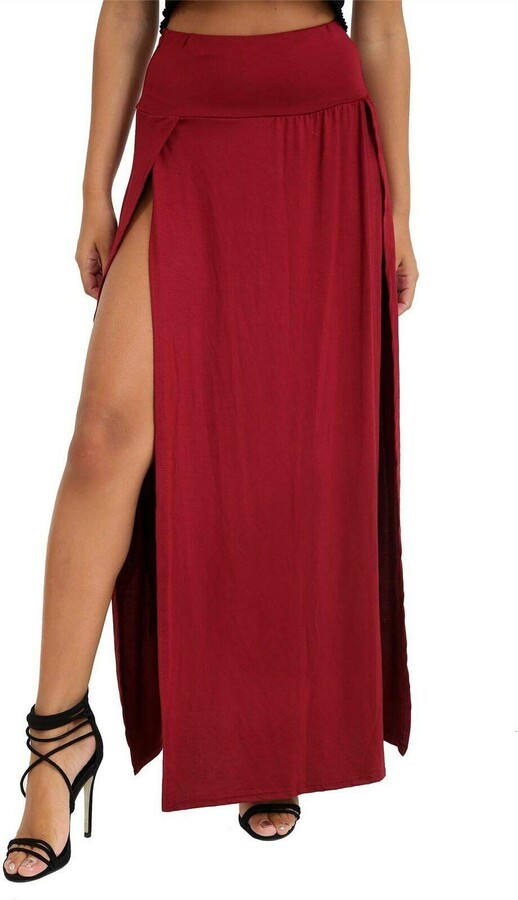 FASHION 7STAR Womens Double Split Maxi Long Skirt Ladies Plain Basic
