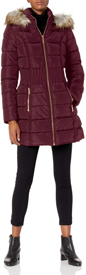 Laundry by Shelli Segal Women's 3/4 Puffer With Zig Zag Cinched Waist and Faux  Fur Trim Hood Jacket - ShopStyle