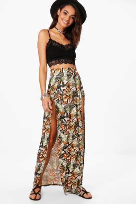 boohoo Jessica Tropical Print Double Split Maxi Skirt
