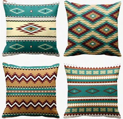 BRBCA South Western Turquoise Tribal Pillow Covers - Set of 4 | Ethnic Seamless Pattern Decorative Cases for Home Decor | Standard Square Pillowcases
