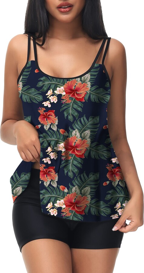 URBEST Tankini Bathing Suits for Women Floral Print Two Piece Swimsuit  Swimming Tank Top with Boyshorts RED 3XL - ShopStyle