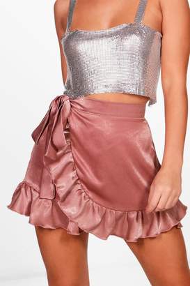 boohoo Tie Waist Wrap Ruffle Sateen Mini Skirt