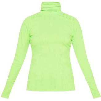 PrettyLittleThing Neon Lime Rib Roll Neck Long Sleeve Top
