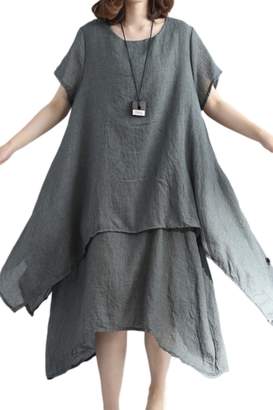 Zilcremo Women Summer Casual 2 Layers Cotton&Linen Asymmetric Maxi Dress L