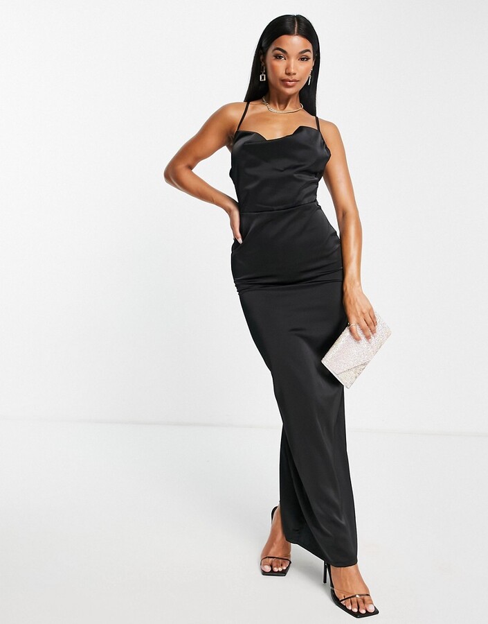 NaaNaa cowl neck satin prom maxi dress in black - ShopStyle