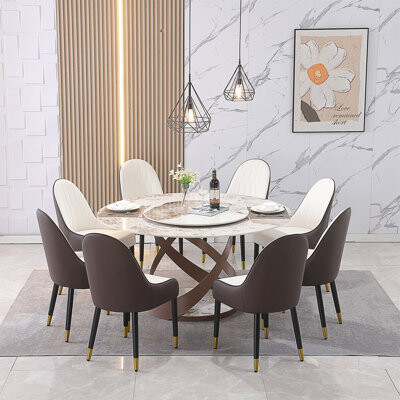 Orren Ellis Modern Sintered Stone Dining Table With 31.5 Inch Round Turntable And Metal Pedestal Includes 6 Comfortable PU Leather Chairs