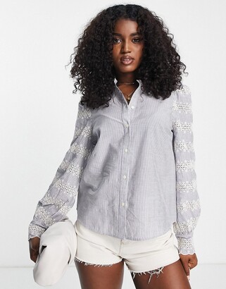 And other stories & cotton embroidered blouse in blue stripe - LBLUE