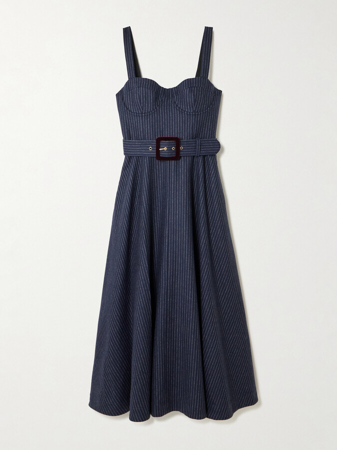 Cara Cara Calypso Belted Shirred Pinstriped Wool-blend Midi Dress - Blue