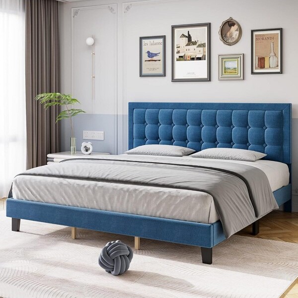 Acekool KingSizeBedFrameAdjustableHeightButtonTuftedHeadboardWoodSlatSupportNoBoxSpringNeededBlue