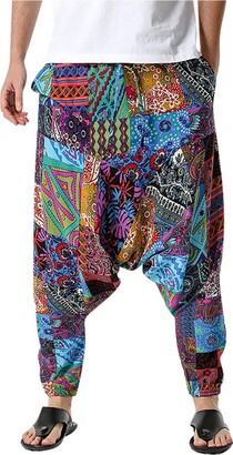 PRIJOUHE Men's Casual Wide Leg Baggy Harem Pant Lightweight Drop Crotch Summer Beach Linen Capri Pants 