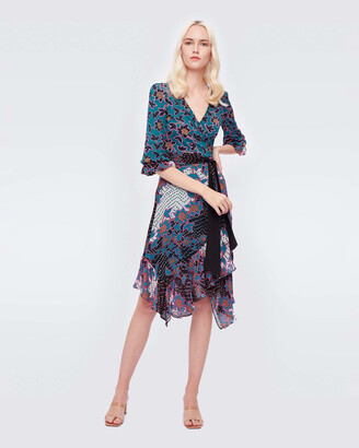 Diane von Furstenberg Justine Silk-Cotton Jersey & Chiffon Wrap Dress in Vines Medium Teal/Bakit Dot Flower