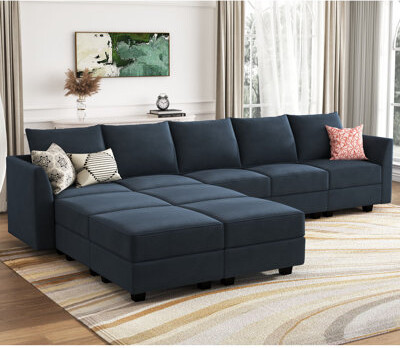 Ebern Designs Sabira Velvet Reversible Modular Sofa & Chaise with Ottoman