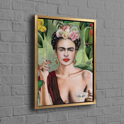 Frida-Inspired High-Quality Canvas Wall Art with a Woman Sipping Tea Amidst Jungle Birds Depicting a Serene Ambiance for a Modern Home Decor