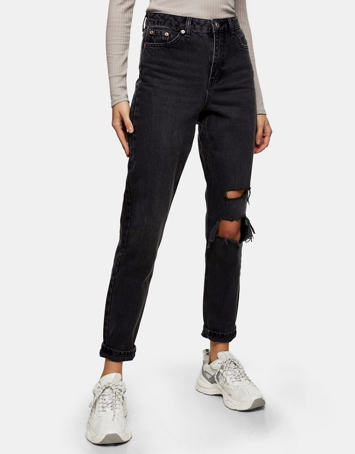 Topshop mom jeans with rips in washed black - ShopStyle