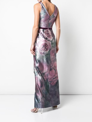 Marchesa Notte Shiny Floral Print Draped Gown